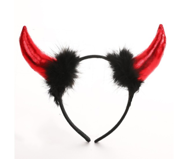 Coronita Deghizare, Flippy, Model Cornite Devil, Rosu Satinat cu Puf Negru, Marime Universala