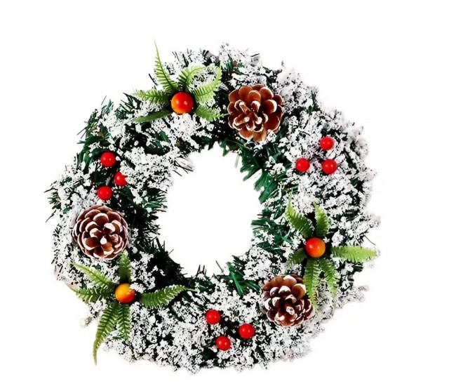 Coronita pentru Craciun Flippy, diametru 20 cm, din brad artificial, decorata cu conuri si merisoare, inzapezit, Verde/Alb Coronita pentru Craciun Flippy, diametru 20 cm, din brad artificial, decorata cu conuri si merisoare, inzapezit, Verde/Alb