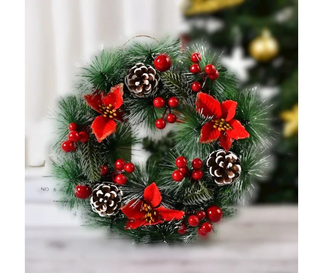 Coronita pentru Craciun Flippy, diametru 32 cm, din brad artificial, decorata cu conuri si merisoare, 3 Funde Rosii. Verde/Alb Coronita pentru Craciun Flippy, diametru 32 cm, din brad artificial, decorata cu conuri si merisoare, 3 Funde Rosii. Verde/Alb