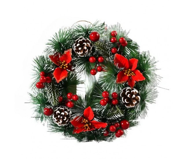Coronita pentru Craciun Flippy, diametru 32 cm, din brad artificial, decorata cu conuri si merisoare, 3 Funde Rosii. Verde/Alb Coronita pentru Craciun Flippy, diametru 32 cm, din brad artificial, decorata cu conuri si merisoare, 3 Funde Rosii. Verde/Alb