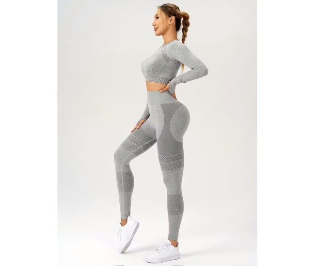 Costum Sport de Dama, Flippy, pentru Yoga, Talie Inalta, Top Scurt, Elastic, Gri, Marime L