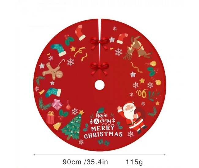 Covoras pentru Bradul de Craciun, Flippy, din Tesatura Pufoasa, cu Fundite de Prindere, Model Mos Craciun, Rosu, Diametru 90 cm Covoras pentru Bradul de Craciun, Flippy, din Tesatura Pufoasa, cu Fundite de Prindere, Model Mos Craciun, Rosu, Diametru 90 cm