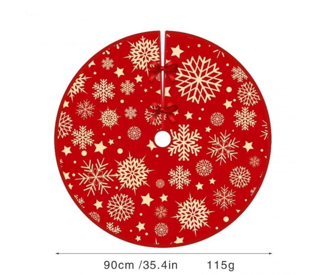 Covoras pentru Bradul de Craciun, Flippy, din Tesatura Pufoasa, cu Fundite de Prindere, Model Stelute, Rosu, Diametru 90 cm Covoras pentru Bradul de Craciun, Flippy, din Tesatura Pufoasa, cu Fundite de Prindere, Model Stelute, Rosu, Diametru 90 cm