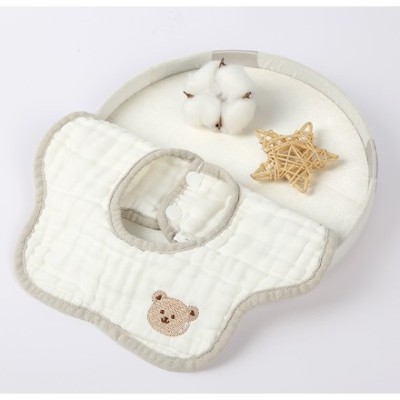 Baveta din Bumbac pentru Copii, Flippy, 0-12 Luni, 26x29 cm, Rezistenta la Apa, 8 Straturi, cu Capse, Model Tricotat cu Ursulet, Alba