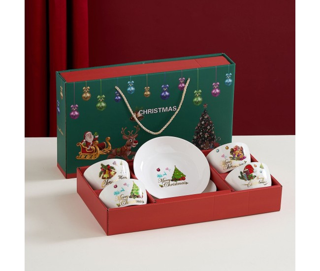 Set Vesela Festiva, Flippy, Tema Craciun, 4 x Boluri 300 ml, 2 x Farfurii 18 x 3.4 cm, din Ceramica, Model 1, Multicolor