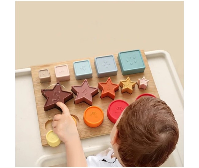 Jucarie Educativa, Flippy, +12 Luni, Tip Montessori, din Lemn si Silicon, Forme Geometrice Stivuibile, 15 Piese, 27 x 19 cm, Multicolor