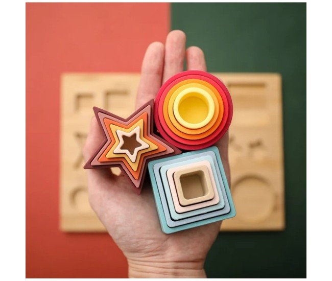 Jucarie Educativa, Flippy, +12 Luni, Tip Montessori, din Lemn si Silicon, Forme Geometrice Stivuibile, 15 Piese, 27 x 19 cm, Multicolor