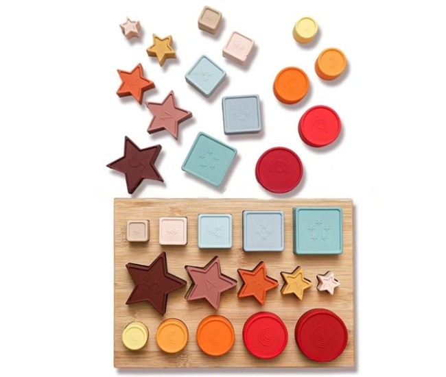 Jucarie Educativa, Flippy, +12 Luni, Tip Montessori, din Lemn si Silicon, Forme Geometrice Stivuibile, 15 Piese, 27 x 19 cm, Multicolor