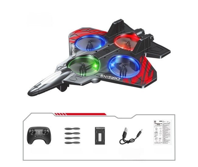 Jucarie Aeronava de Lupta, Flippy, Rezistent, Incarcare USB, cu Telecomanda, Lumini, Negru-Rosu