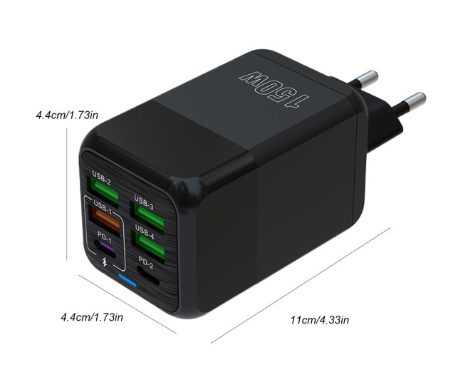 Incarcator Multifunctional, Flippy®, 6 Porturi (2 x PD Type C + 4 USB), 150 W, 5V, 2.4A, Incarcare Rapida, 4.4 x 4.4 x 11 cm, Negru Incarcator Multifunctional, Flippy®, 6 Porturi (2 x PD Type C + 4 USB), 150 W, 5V, 2.4A, Incarcare Rapida, 4.4 x 4.4 x 11 cm, Negru