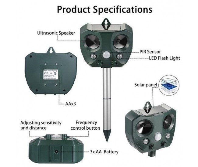Aparat Solar LED cu Ultrasunete Animal Repellent, Flippy, Lumina Rosie si Alba, Anti rozatoare, Anti sobolani, Anti insecte, Verde