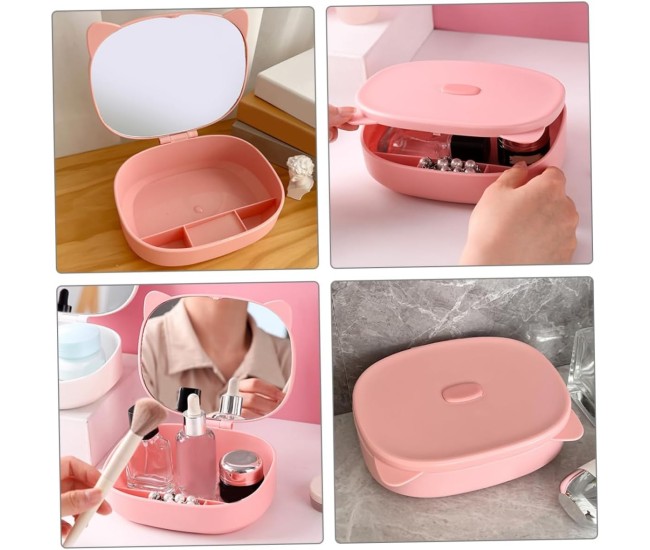 Cutie Organizatoare cu Oglinda, Flippy, 4 Compartimente, pentru Cosmetice si Accesorii, din ABS, 17x13x6 cm, Roz Cutie Organizatoare cu Oglinda, Flippy, 4 Compartimente, pentru Cosmetice si Accesorii, din ABS, 17x13x6 cm, Roz