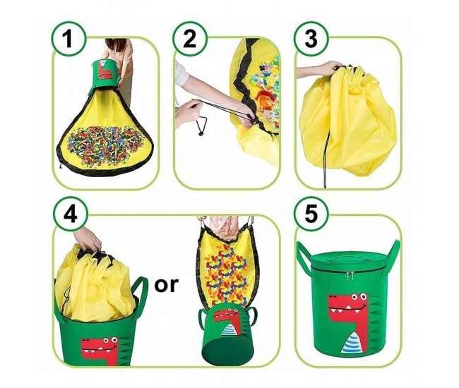 Cutie de Depozitare 2In1, Flippy, Impermeabila, Covor pentru Jucarii si Lego 150cm, Capacitate Mare, cu Manere, cu Sfori, Inaltime 40cm, Model Crocodil, Verde