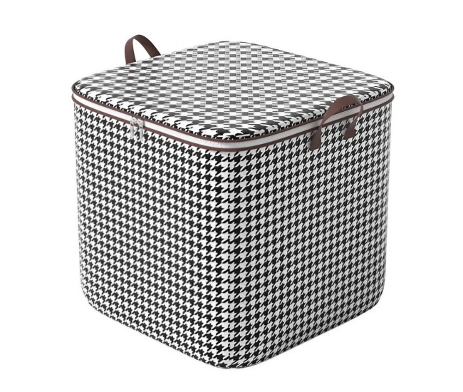 Cutie de Depozitare cu Fermoar, Flippy, Pliabila, Maner Ranforsat, Fermoar Rezistent, pentru Haine, Paturi, Plapumi, Perne, Lenjerii de Pat, Jucarii, 40x50x50 cm, 100 Litri, in Carouri, Alb-Negru