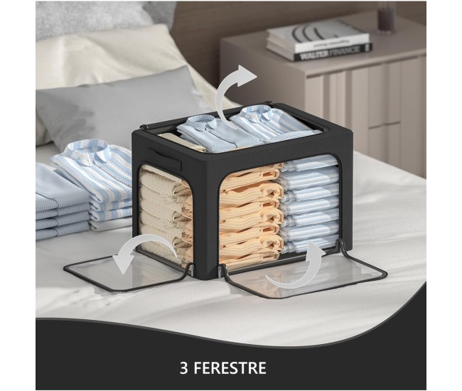 Cutie de Depozitare, Flippy, cu 3 Ferestre cu Fermoar Bidirectional, Cadru din Otel, Impermeabil, 38L, 42 x 30 x 30 cm, Negru Cutie de Depozitare, Flippy, cu 3 Ferestre cu Fermoar Bidirectional, Cadru din Otel, Impermeabil, 38L, 42 x 30 x 30 cm, Negru