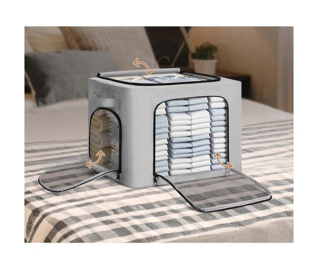 Cutie de Depozitare, Flippy, cu 3 Ferestre cu Fermoar Bidirectional, Cadru din Otel, Impermeabil, 38L, 42 x 30 x 30 cm, Gri Cutie de Depozitare, Flippy, cu 3 Ferestre cu Fermoar Bidirectional, Cadru din Otel, Impermeabil, 38L, 42 x 30 x 30 cm, Gri