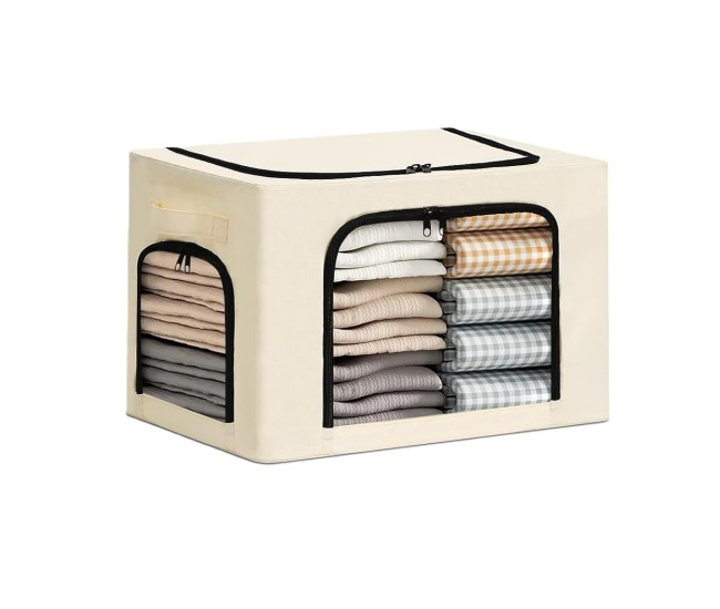 Cutie de Depozitare, Flippy, cu 3 Ferestre cu Fermoar Bidirectional, Cadru din Otel, Impermeabil, 38L, 42 x 30 x 30 cm, Bej Cutie de Depozitare, Flippy, cu 3 Ferestre cu Fermoar Bidirectional, Cadru din Otel, Impermeabil, 38L, 42 x 30 x 30 cm, Bej