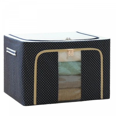 Cutie de Depozitare Pliabila, Flippy, Cu Fermoar, 66 L, Textil, 50 x 40 x 33 cm, Cadru Metalic, Suport Baza Stabil din Plastic, Imprimeu Buline, Albastru Marin