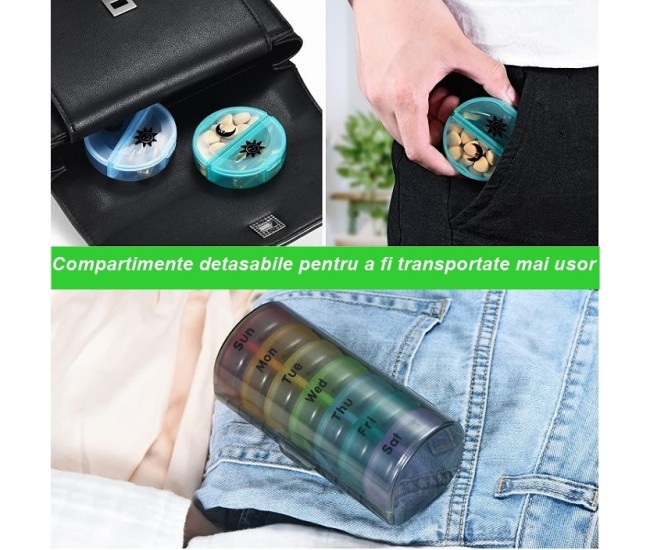 Cutie Depozitare Medicamente, Flippy, 7 Zile, 14 Compartimente, Cutie Suport, Recipiente Detasabile, Portabila, Recipiente Colorate, Suport Negru, 17.5x11x9.5 cm Cutie Depozitare Medicamente, Flippy, 7 Zile, 14 Compartimente, Cutie Suport, Recipiente Detasabile, Portabila, Recipiente Colorate, Suport Negru, 17.5x11x9.5 cm