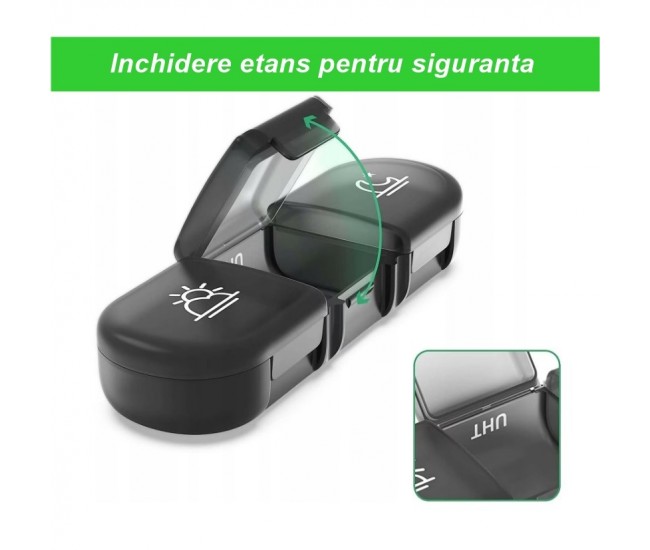 Cutie Depozitare Medicamente, Flippy, 7 Zile, 21 Compartimente, Cutie Suport, Recipiente Detasabile, Portabila, Negru, 15.6x12 cm Cutie Depozitare Medicamente, Flippy, 7 Zile, 21 Compartimente, Cutie Suport, Recipiente Detasabile, Portabila, Negru, 15.6x12 cm