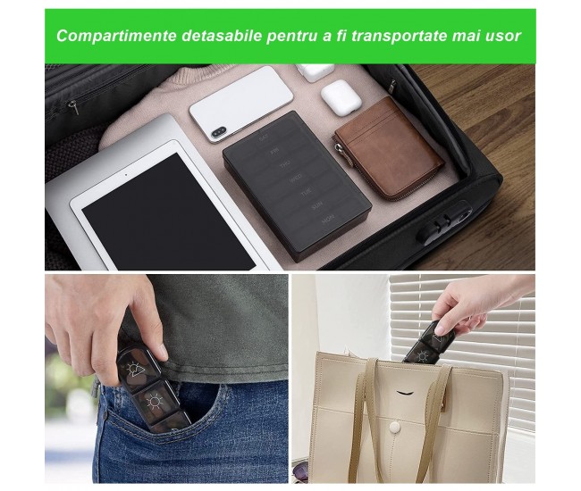 Cutie Depozitare Medicamente, Flippy, 7 Zile, 21 Compartimente, Cutie Suport, Recipiente Detasabile, Portabila, Negru, 15.6x12 cm Cutie Depozitare Medicamente, Flippy, 7 Zile, 21 Compartimente, Cutie Suport, Recipiente Detasabile, Portabila, Negru, 15.6x12 cm