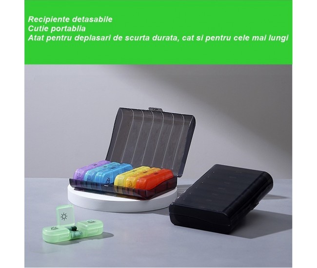 Cutie Depozitare Medicamente, Flippy, 7 Zile, 21 Compartimente, Cutie Suport, Recipiente Detasabile, Portabila, Recipiente Colorate, Cutie Neagra, 15.6x12 cm