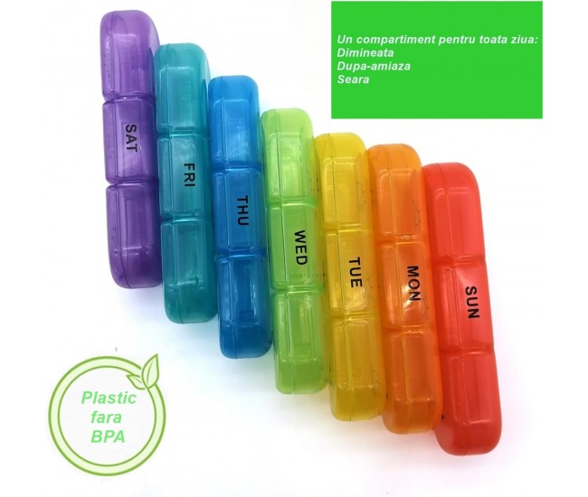 Cutie Depozitare Medicamente, Flippy, 7 Zile, 21 Compartimente, Cutie Suport, Recipiente Detasabile, Portabila, Recipiente Colorate, Cutie Neagra, 15.6x12 cm