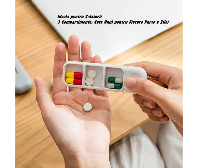 Cutie Depozitare Medicamente, Flippy, Portabila, 3 Compartimente, Tip Breloc, Plastic, Glisanta, Alb, 10.7x3.6x1.6 cm