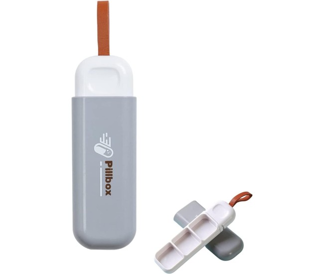 Cutie Depozitare Medicamente, Flippy, Portabila, 3 Compartimente, Tip Breloc, Plastic, Glisanta, Gri, 10.7x3.6x1.6 cm