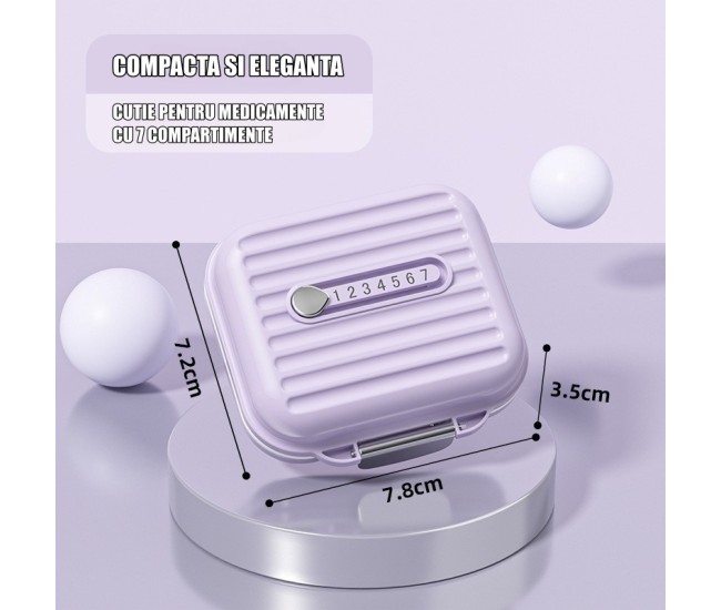 Cutie Medicamente, Flippy, Mov, 7 Compartimente, Portabila si Compacta, 7.8x7.2x3.5 cm, Ideala pentru Uzul Cotidian Cutie Medicamente, Flippy, Mov, 7 Compartimente, Portabila si Compacta, 7.8x7.2x3.5 cm, Ideala pentru Uzul Cotidian