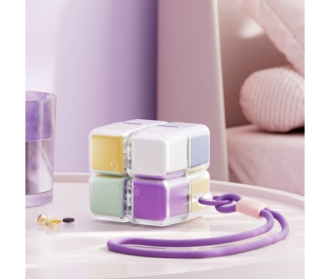 Cutie pentru Medicamente, Flippy, Model Rubik' Cube, cu Curea de Agatare, Dozator Portabil de Medicamente, Dispenser Pastile, estimat pentru 7 zile, 7.3 x 6 x 6 cm, Multicolor