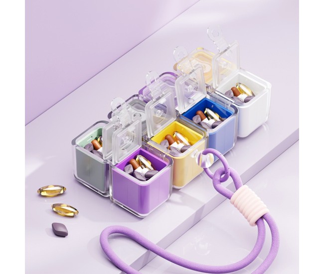 Cutie pentru Medicamente, Flippy, Model Rubik' Cube, cu Curea de Agatare, Dozator Portabil de Medicamente, Dispenser Pastile, estimat pentru 7 zile, 7.3 x 6 x 6 cm, Multicolor