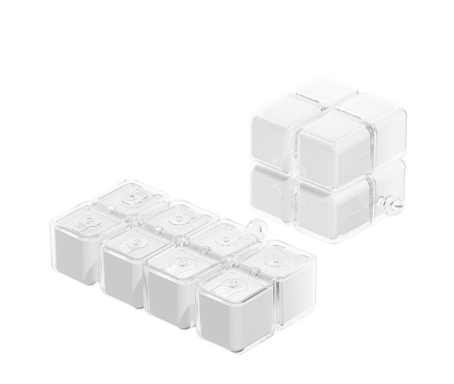 Cutie pentru Medicamente, Flippy, Model Rubik' Cube, cu Curea de Agatare, Dozator Portabil de Medicamente, Dispenser Pastile, estimat pentru 7 zile, 7.3 x 6 x 6 cm, Alb
