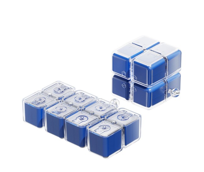 Cutie pentru Medicamente, Flippy, Model Rubik' Cube, cu Curea de Agatare, Dozator Portabil de Medicamente, Dispenser Pastile, estimat pentru 7 zile, 7.3 x 6 x 6 cm, Albastru