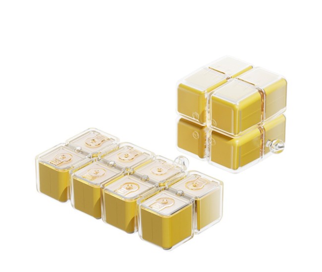 Cutie pentru Medicamente, Flippy, Model Rubik' Cube, cu Curea de Agatare, Dozator Portabil de Medicamente, Dispenser Pastile, estimat pentru 7 zile, 7.3 x 6 x 6 cm, Galben