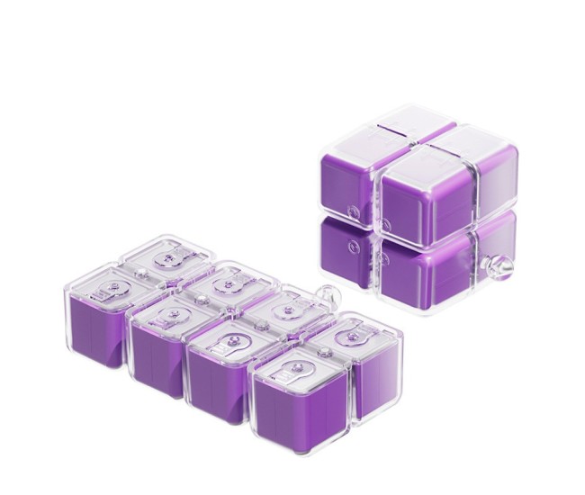 Cutie pentru Medicamente, Flippy, Model Rubik' Cube, cu Curea de Agatare, Dozator Portabil de Medicamente, Dispenser Pastile, estimat pentru 7 zile, 7.3 x 6 x 6 cm, Mov