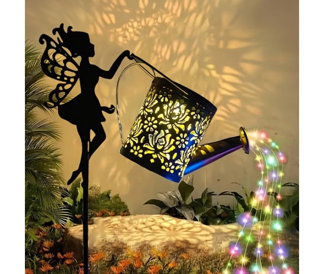 Decor Ornament pentru Gradina, Flippy, Decoratiune pentru Gradina, Model Zana cu Stropitoare, Lumini LED Alb Cald, Inaltime 63 cm, Negru