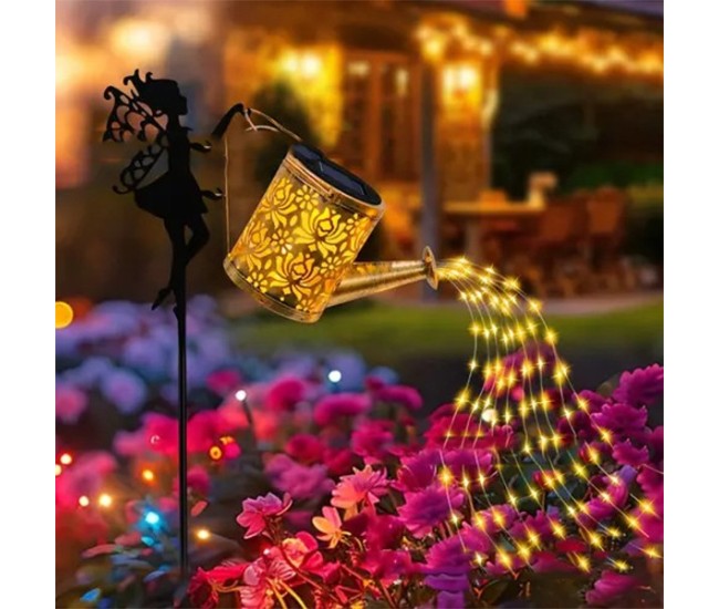 Decor Ornament pentru Gradina, Flippy, Decoratiune pentru Gradina, Model Zana cu Stropitoare, Lumini LED Alb Cald, Inaltime 63 cm, Negru