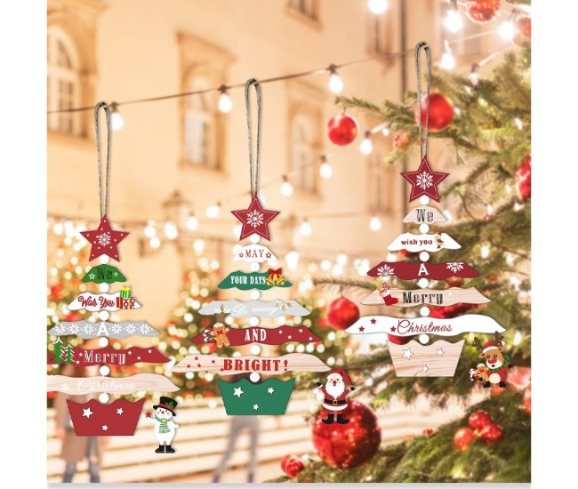 Decoratiune de Craciun din Lemn, Flippy, cu Snur pentru Agatare in Brad, Model Brad de Craciun, Scris May Your Days Be Merry And Bright, 17x12.8x0.4 cm, Multicolor