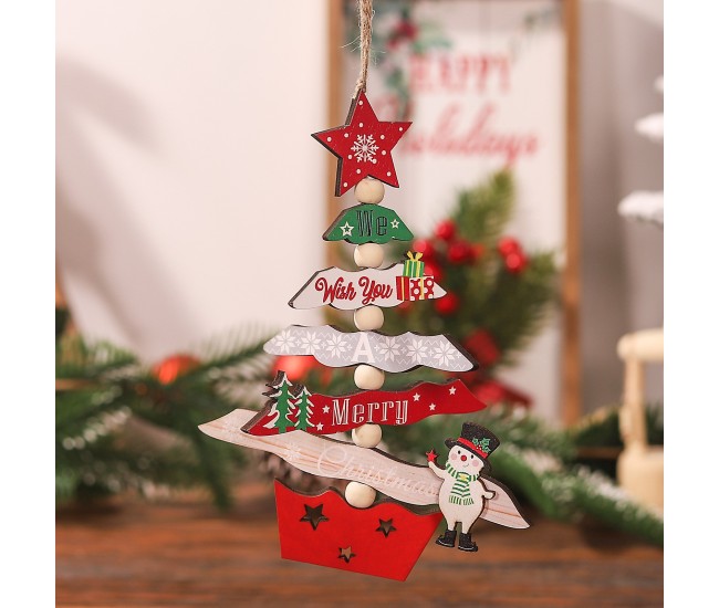Decoratiune de Craciun din Lemn, Flippy, cu Snur pentru Agatare in Brad, Model Brad de Craciun si Om de Zapada, Scris We Wish You A Merry Christmas, 17x12.8x0.4 cm, Multicolor