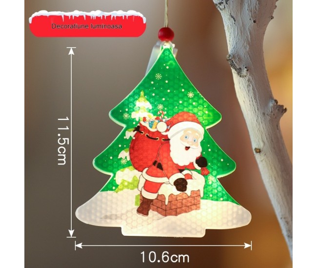 Decoratiune de Craciun Luminoasa in forma de Brad, 11.5 x 10.6 cm, Mos Craciun langa brad, cu agatatoare, Alb Cald, Flippy