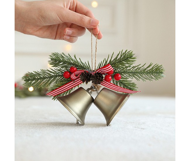 Decoratiune de Craciun pentru Brad, Flippy, Model 2 Clopotei de Craciun cu Crenguta de Brad, Decoratiune pentru Interior de Craciun, Albastru fier