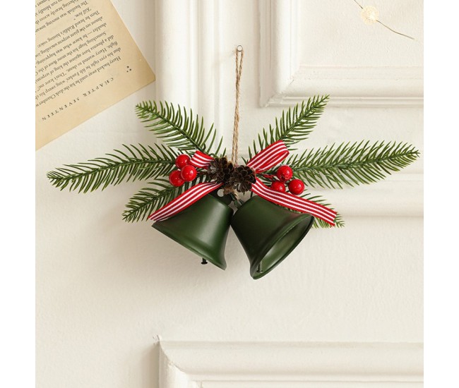 Decoratiune de Craciun pentru Brad, Flippy, Model 2 Clopotei de Craciun cu Crenguta de Brad, Decoratiune pentru Interior de Craciun, Verde mat