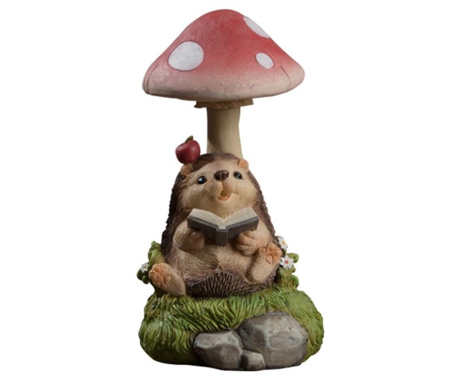 Decoratiune pentru Gradina, Flippy, Lumini LED cu Incarcare solara, 19.5 x 9.5 x 9.5 cm, Model Ciuperca cu Arici care Citeste, Maro inchis