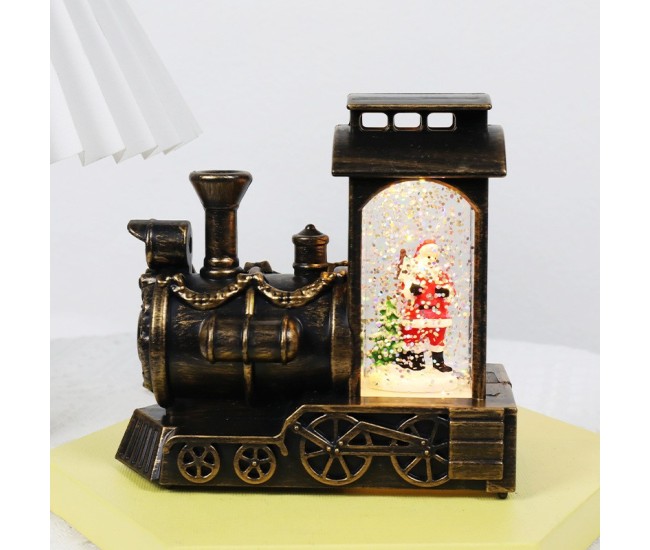 Decoratiune de Craciun tip Locomotiva, Flippy, Glob de Cristal cu Fulgi de Zapada, Model Mos Craciun, Iluminare LED, 11.5 x 12.5 x 6 cm, Carcasa Vintage Bronze, Transparent Decoratiune de Craciun tip Locomotiva, Flippy, Glob de Cristal cu Fulgi de Zapada, Model Mos Craciun, Iluminare LED, 11.5 x 12.5 x 6 cm, Carcasa Vintage Bronze, Transparent