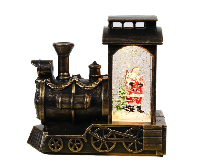 Decoratiune de Craciun tip Locomotiva, Flippy, Glob de Cristal cu Fulgi de Zapada, Model Mos Craciun, Iluminare LED, 11.5 x 12.5 x 6 cm, Carcasa Vintage Bronze, Transparent Decoratiune de Craciun tip Locomotiva, Flippy, Glob de Cristal cu Fulgi de Zapada, Model Mos Craciun, Iluminare LED, 11.5 x 12.5 x 6 cm, Carcasa Vintage Bronze, Transparent