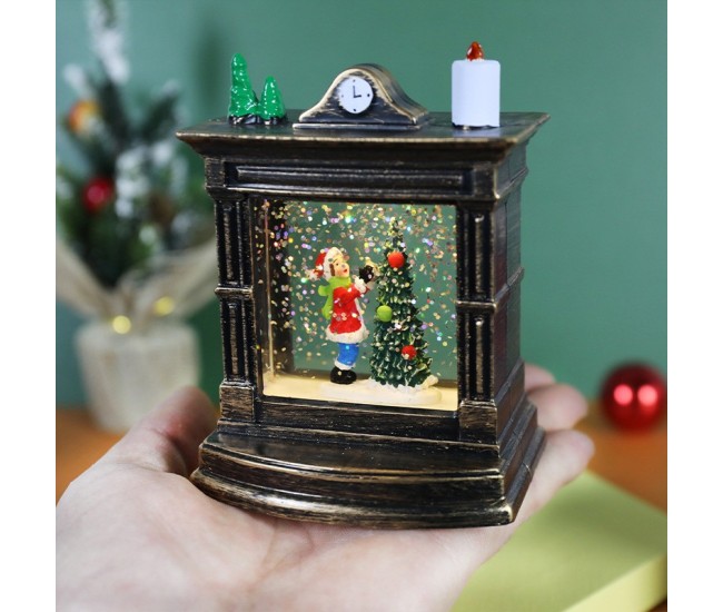 Decoratiune de Craciun tip Semineu / Ceas, Flippy, Glob de Cristal cu Fulgi de Zapada, Model Elf, Iluminare LED, 11.5 x 8.5 x 6.5 cm, Carcasa Vintage Bronze, Transparent Decoratiune de Craciun tip Semineu / Ceas, Flippy, Glob de Cristal cu Fulgi de Zapada, Model Elf, Iluminare LED, 11.5 x 8.5 x 6.5 cm, Carcasa Vintage Bronze, Transparent