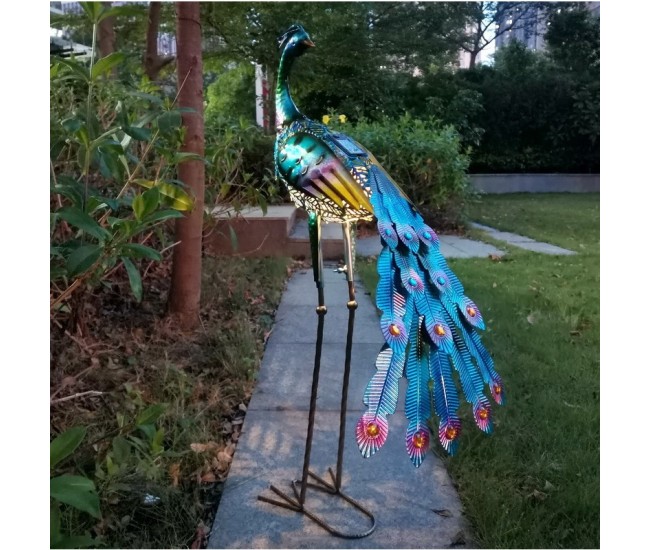 Decoratiune de Gradina cu Lampa solara, Flippy, Model Paun, Iluminare Led si Incarcare Solara, 91.5 x 45 x 26 cm, din Fier, Albastru azur