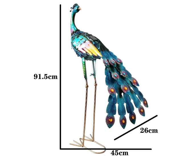 Decoratiune de Gradina cu Lampa solara, Flippy, Model Paun, Iluminare Led si Incarcare Solara, 91.5 x 45 x 26 cm, din Fier, Albastru azur