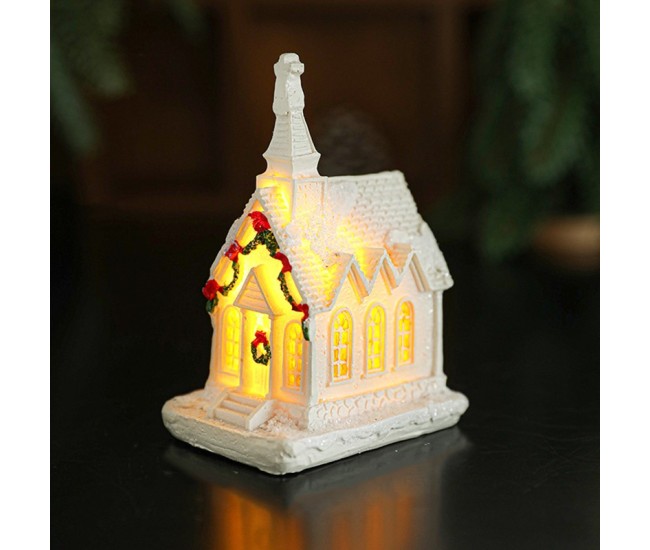 Decoratiune Ornament de Craciun, Flippy, Biserica de Craciun din Rasina, Model Biserica Mica Iluminata din Interior, 8.8 x 6 x 4.5 cm, Alb